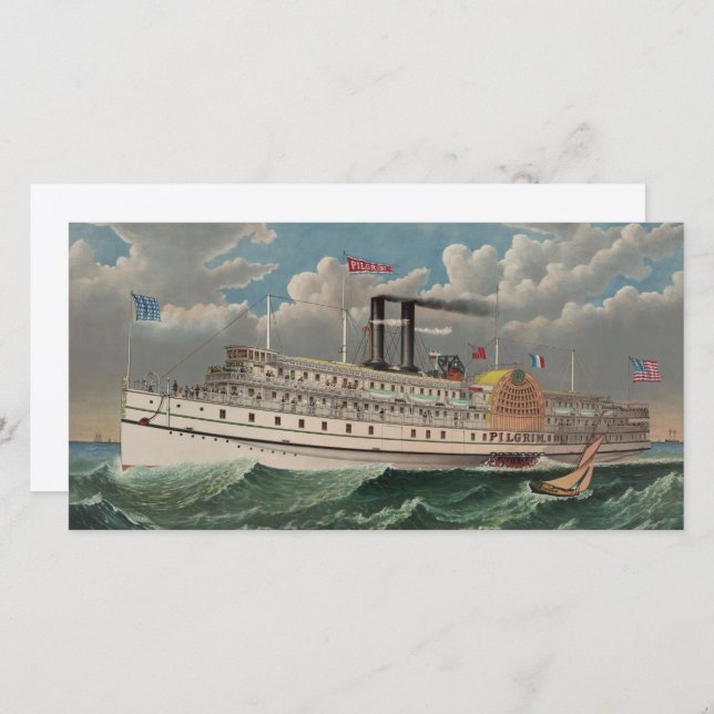 NY Voyage Grand Paddlewheel Steamboat The Pilgrim  Holiday Card (Front/Back)