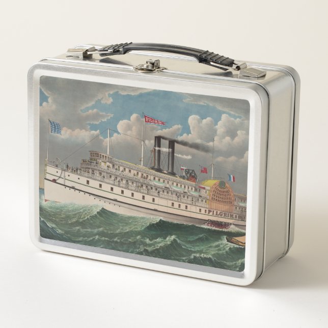 NY Voyage Grand Paddlewheel Steamboat The Pilgrim  Metal Lunch Box (Front)