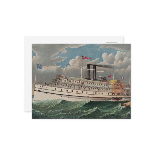 NY Voyage Grand Paddlewheel Steamboat The Pilgrim  Postcard (Front/Back In Situ)