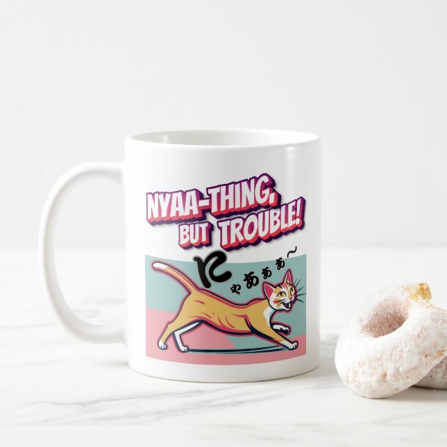 "Nyaaa-thing but Trouble" - Mischievous Calico Cat Coffee Mug (With Donut)