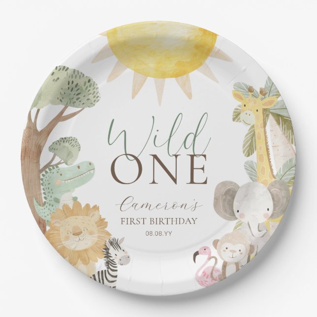 Nyala Safari Animals Wild One First Birthday Paper Plate (Front)