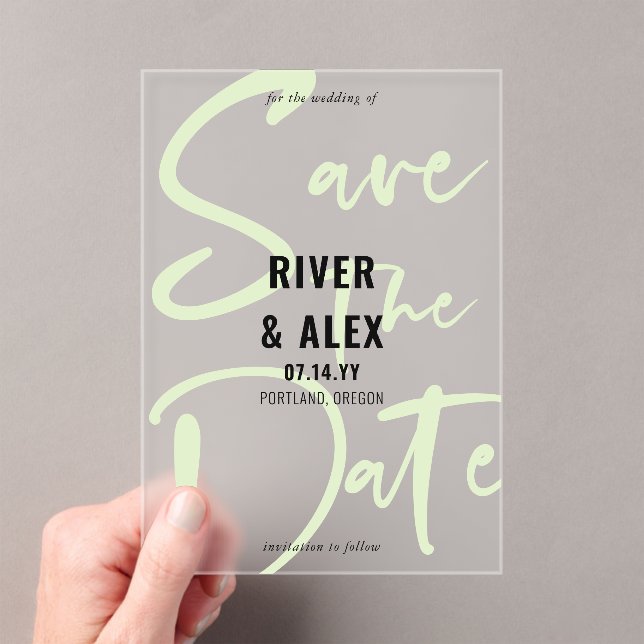 Nyanza Green Modern Script Save the Date Acrylic Invitations (Insitu (Handheld))