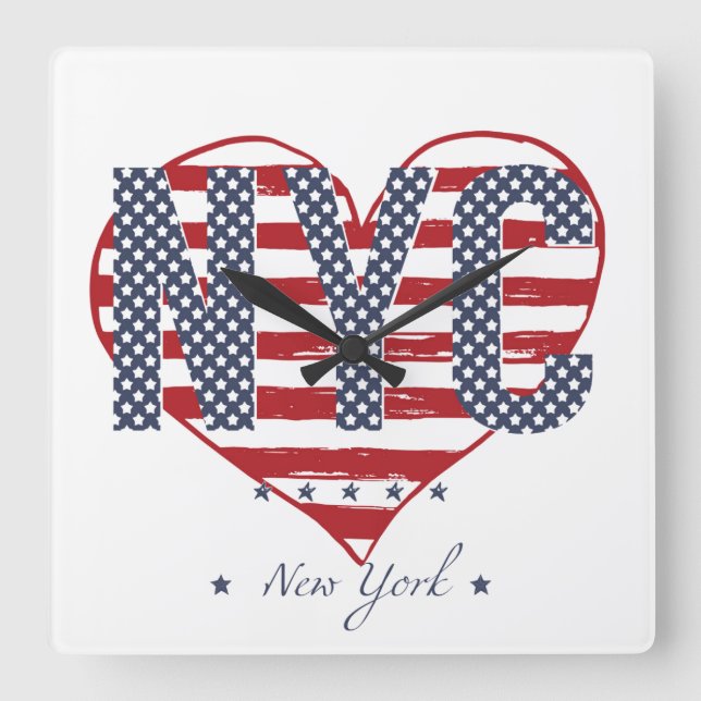NYC American Flag Heart Square Wall Clock (Front)