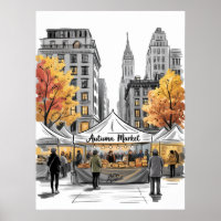 NYC Autumn Market Street Scene With Fall Trees