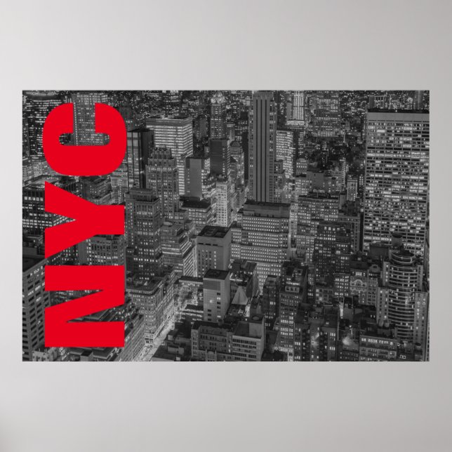NYC Black White Red New York City Skyline Poster (Front)