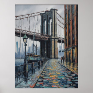 NYC Brooklyn Bridge Rainy Day Waterfront Scene Poster