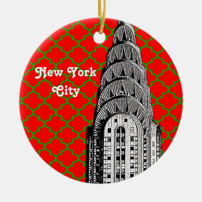 NYC Chrysler Building Dome Red Grn Quatrefoil Xmas Ceramic Tree Decoration (Front)