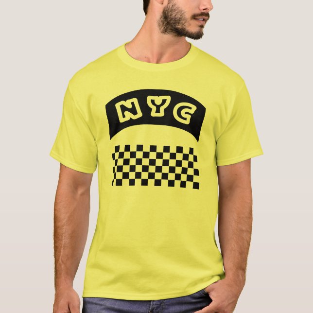 NYC Cutout With Taxi Chequerboard And Banner T-Shirt (Front)