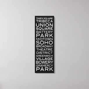 NYC Districts Parks & Neighbourhoods on Black Canvas Print