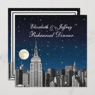 NYC ESB Skyline Blue Star Moon Rehearsal Dinner Invitation