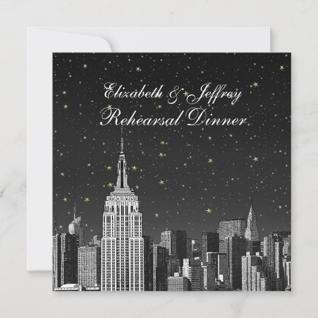 NYC ESB Skyline Etched Black Star Rehearsal Dinner Invitation (Front)