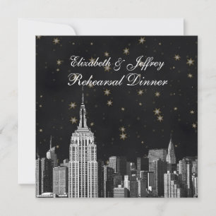 NYC ESB Skyline Etched Black Starry Rehearsal Din Invitation