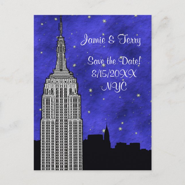 NYC ESB Skyline Silhouette Blue Starry Save Date Announcement Postcard (Front)