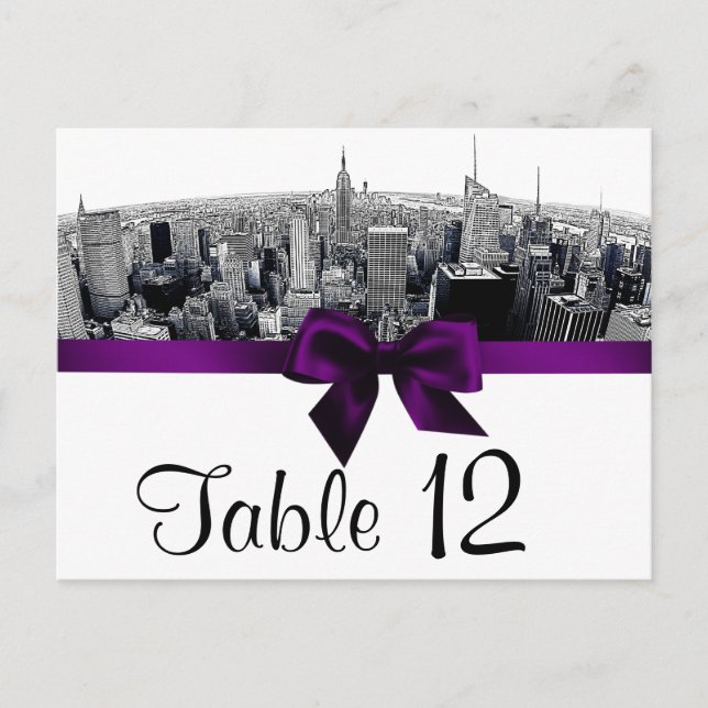 NYC Etched Fisheye Skyline BW Purple Table Number Postcard (Front)