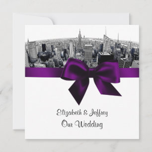 NYC Etched Fisheye Skyline BW Purple Wedding SQ Invitation