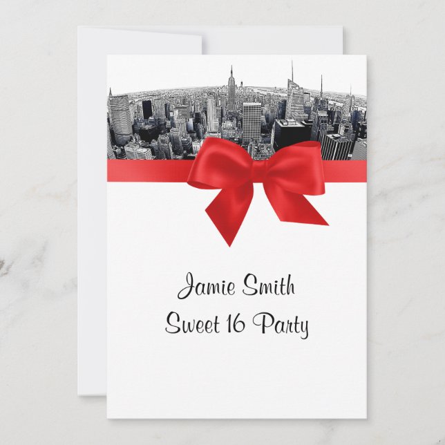 NYC Etched Fisheye Skyline BW Red Sweet 16 Invitation (Front)