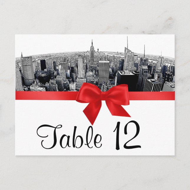 NYC Etched Fisheye Skyline BW Red Table Number Postcard (Front)