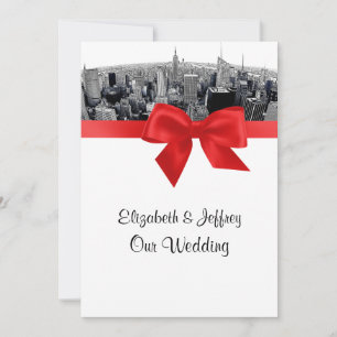 NYC Etched Fisheye Skyline BW Red Wedding Invitation