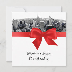 NYC Etched Fisheye Skyline BW Red Wedding SQ Invitation