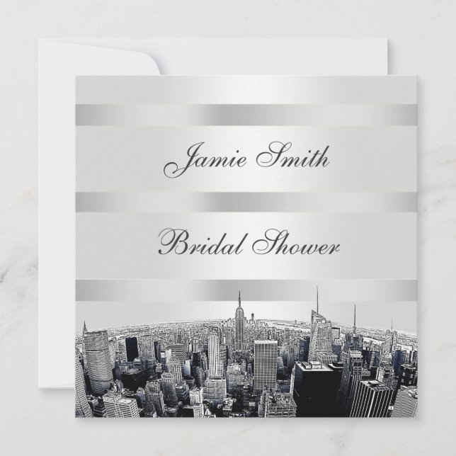 NYC Etched Skyline 2, Black White Bridal Shower Invitation (Front)