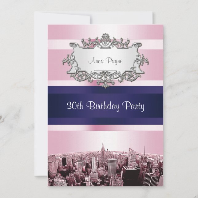 NYC Etched Skyline 2 Pink BG, Blue Ribbon Birthday Invitation (Front)