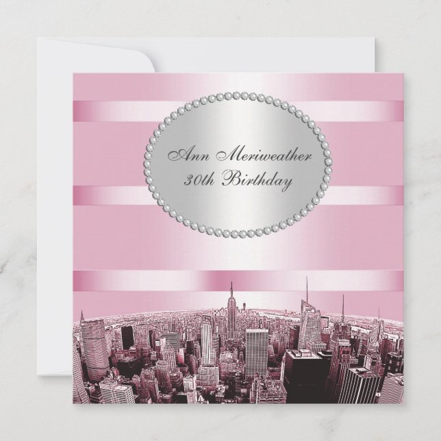 NYC Etched Skyline 2A Pink Black Birthday Invitation (Front)