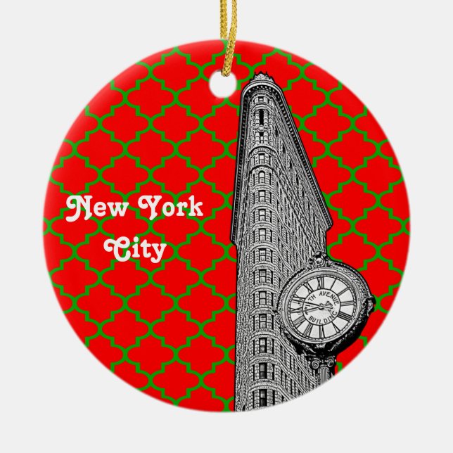 NYC Flatiron Building Red Grn Quatrefoil Xmas Ceramic Tree Decoration (Front)