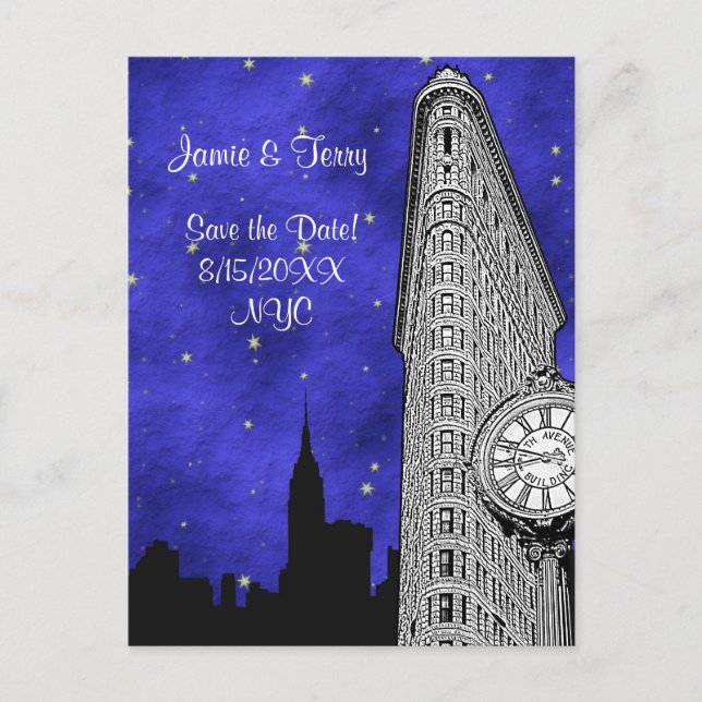 NYC Flatiron Skyline Silhouette Blu St Save Date Announcement Postcard (Front)