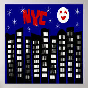 NYC Funky Skyline With Buildings, Moon & Stars Poster