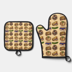 NYC Jewish Deli Food Pickle Blintz Bagel Knish Lox Oven Mitt & Pot Holder Set