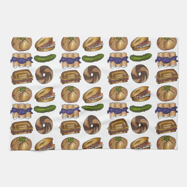 NYC Jewish Deli Food Pickle Blintz Bagel Knish Lox Tea Towel (Horizontal)