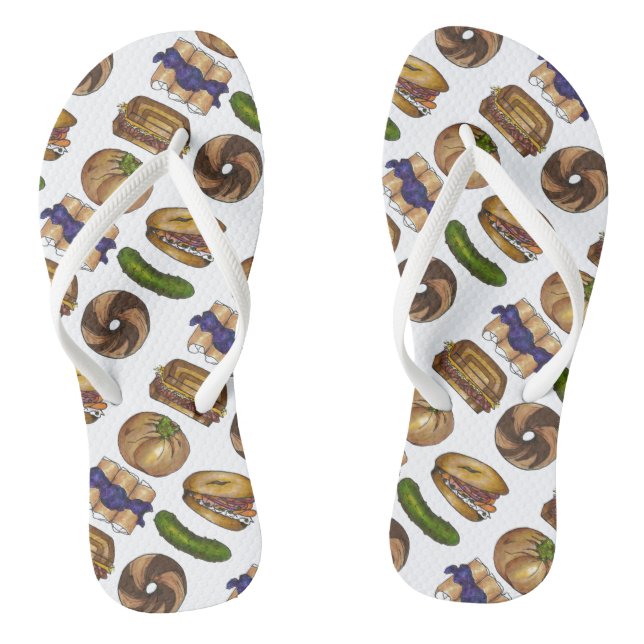 NYC Jewish Deli Foods Bagel Blintz Knish Pickle Flip Flops (Footbed)