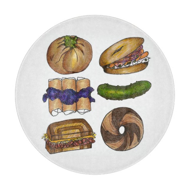 NYC Jewish Deli Foods Blintz Pickle Bagel Knish Cutting Board (Front)