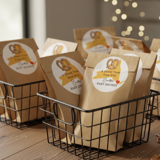 NYC Locally Grown Pretzel Favor Baby Shower Classic Round Sticker (Favor stickers from the NYC Locally Grown Baby Shower collection by Darling & May)