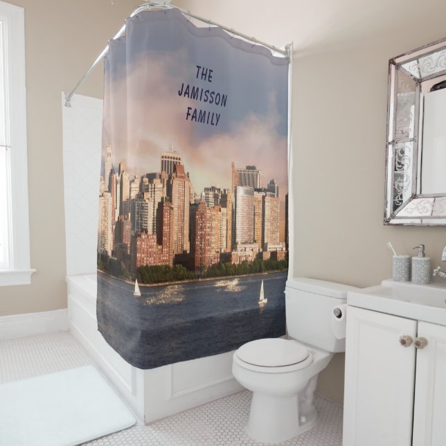 NYC Lower Manhattan Skyline with Personalised Name Shower Curtain (In Situ)
