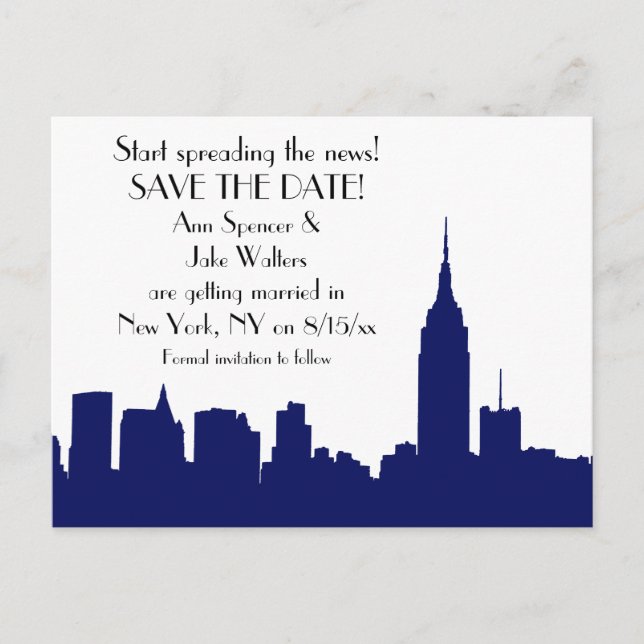 NYC Navy Blue Skyline Silhouette Save the Date Announcement Postcard (Front)