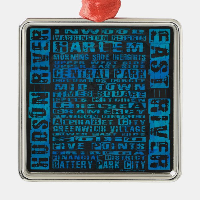 NYC Neighbourhoods Blue Metal Tree Decoration (Front)