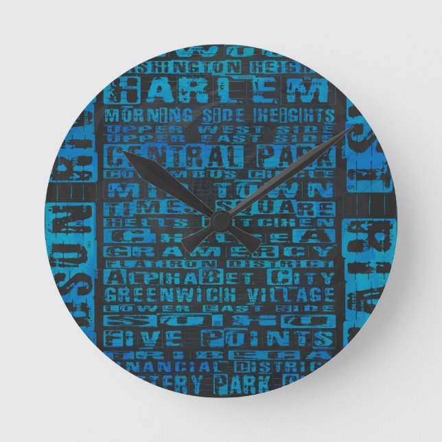 NYC Neighbourhoods Blue Round Clock (Front)