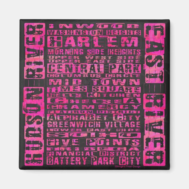 NYC Neighbourhoods Hot Pink Magnet (Front)