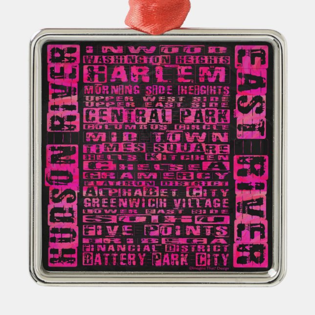 NYC Neighbourhoods Hot Pink Metal Tree Decoration (Front)