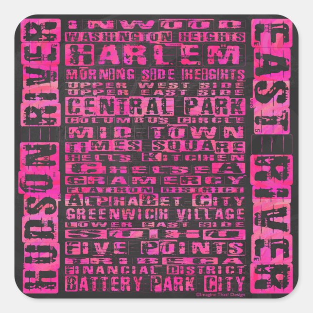 NYC Neighbourhoods Hot Pink Square Sticker (Front)