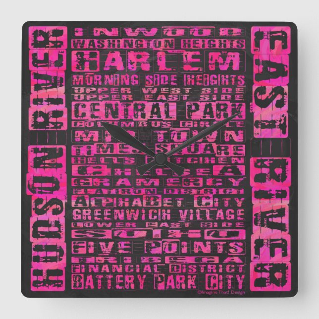 NYC Neighbourhoods Hot Pink Square Wall Clock (Front)