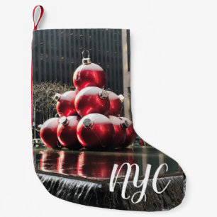 NYC New York City Red Christmas Balls Fountain Small Christmas Stocking