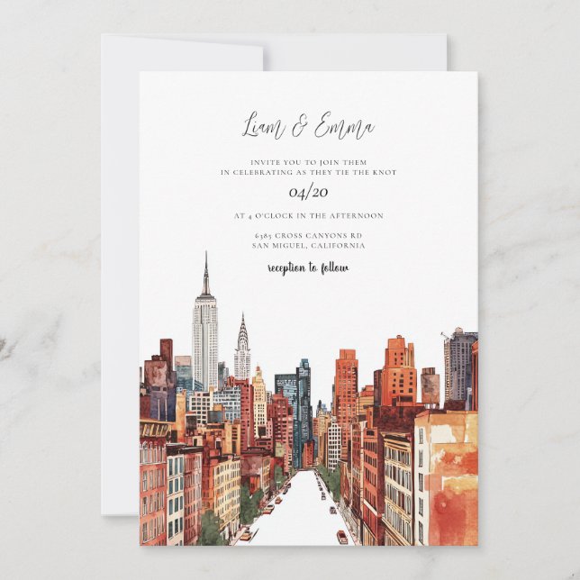NYC New York City Watercolor Vinatge Wedding Invitation (Front)