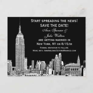 NYC Skyline 01 Etched DIY BG Colour Save the Date Announcement Postcard