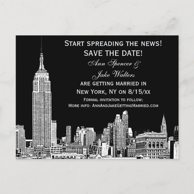 NYC Skyline 01 Etched DIY BG Colour Save the Date Announcement Postcard (Front)