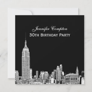 NYC Skyline 01 Etched DIY BG Colour SQ Birthday Pt Invitation