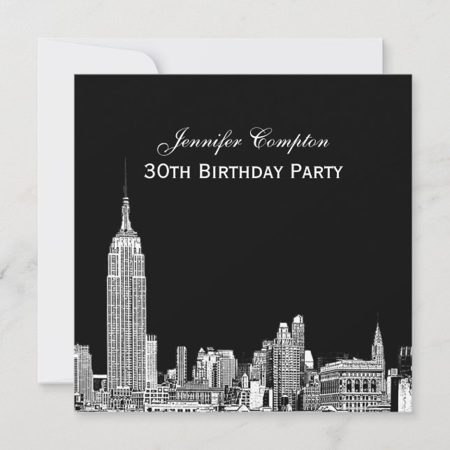 NYC Skyline 01 Etched DIY BG Colour SQ Birthday Pt Invitation (Front)
