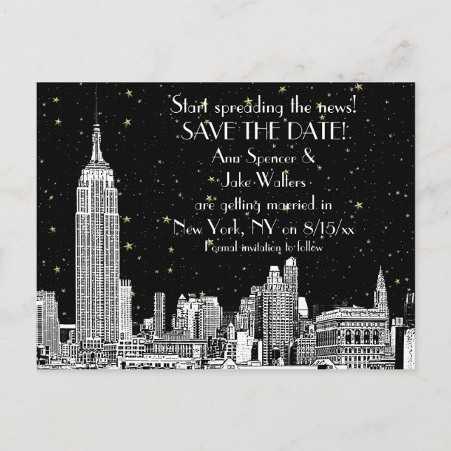 NYC Skyline 01 Etched DIY BG Starry Save the Date Announcement Postcard (Front)