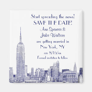 NYC Skyline 01 Etched Save the Date Blue Magnet